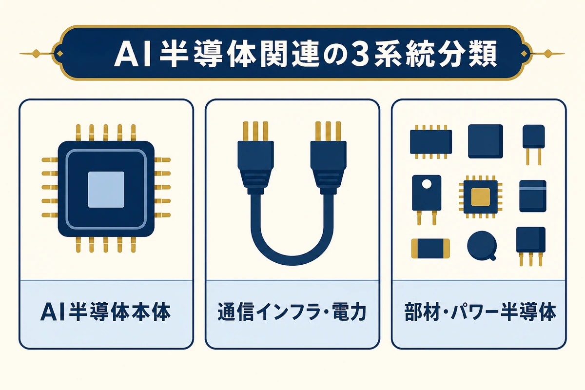 AI半導体関連の3系統分類 - AI半導体本体・通信インフラ電力・部材パワー半導体の比較