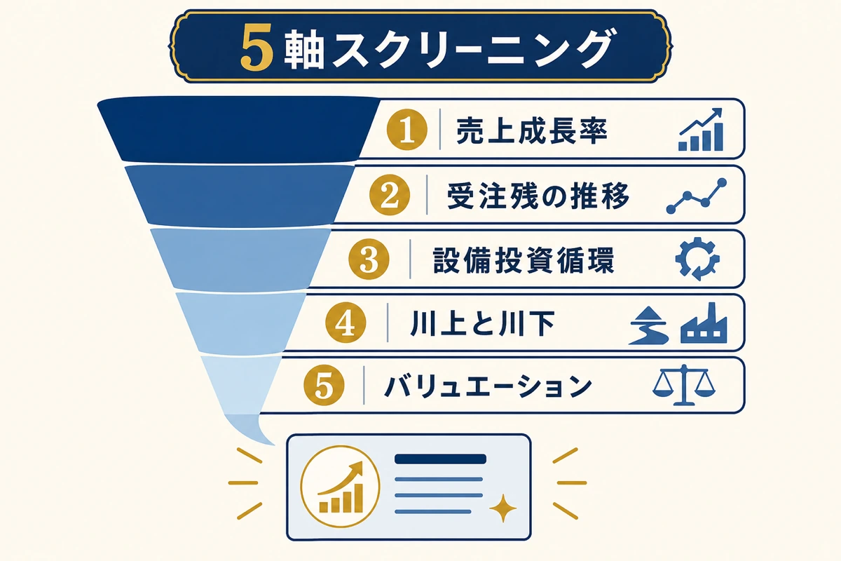 5軸スクリーニング - 売上成長率からバリュエーションまでの絞り込みファネル