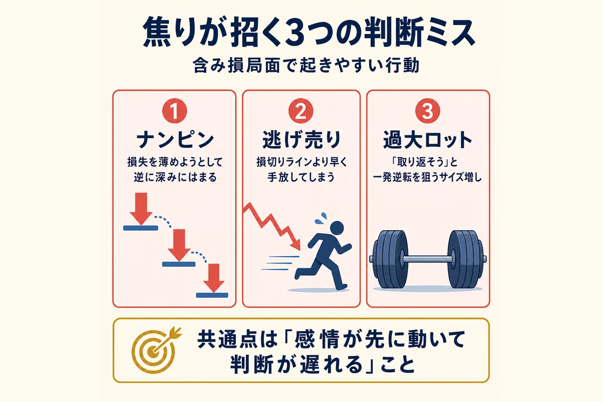 焦りが招く3つの判断ミス:ナンピン・逃げ売り・過大ロット