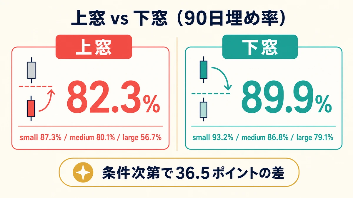 上窓83.7%vs下窓89.7%、条件次第で32.9ポイントの差