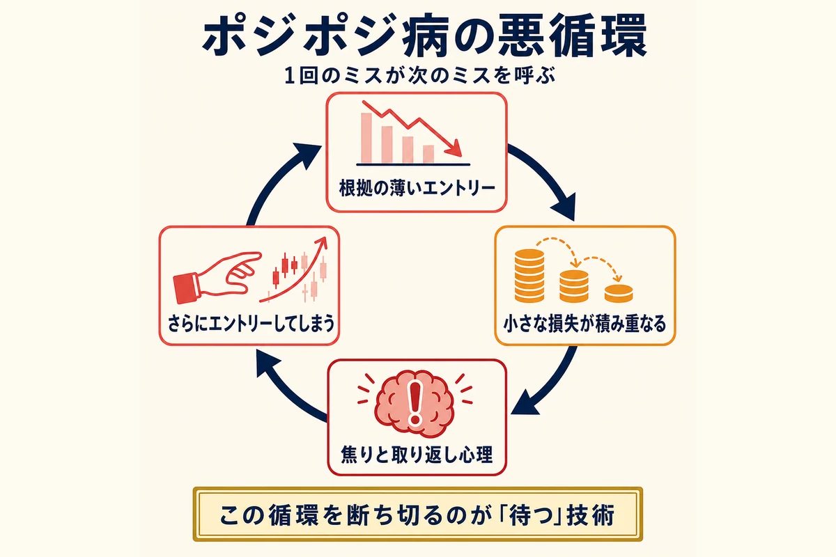 ポジポジ病の悪循環図:根拠の薄いエントリー→損失→焦り→さらにエントリーのループ
